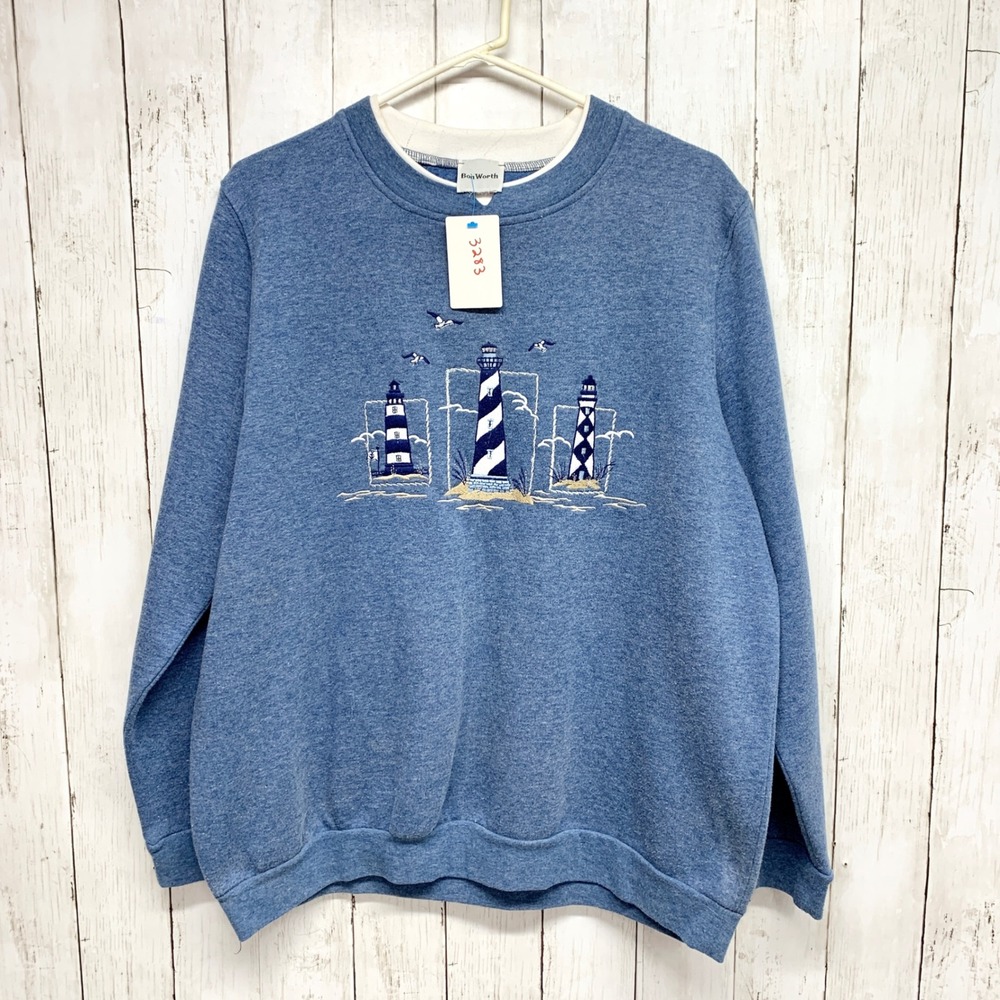BonWorth Vintage Lighthouse Embroidered Sweatshirt Women XL Blue Nautical Beach